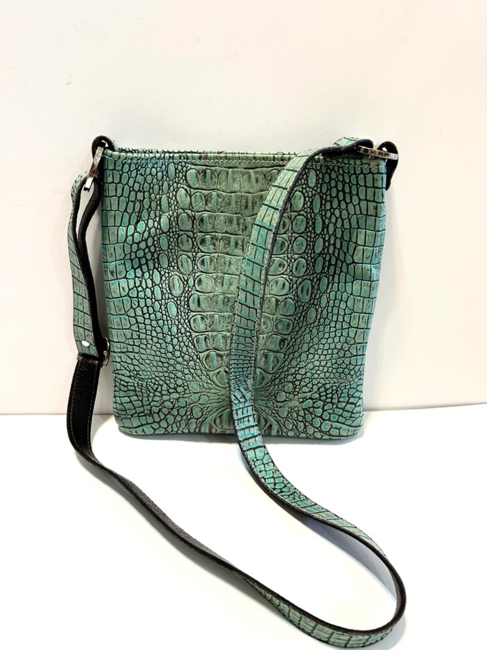 Moonstruck Leather Croc-Embossed Green/Blue Shoulder Bag